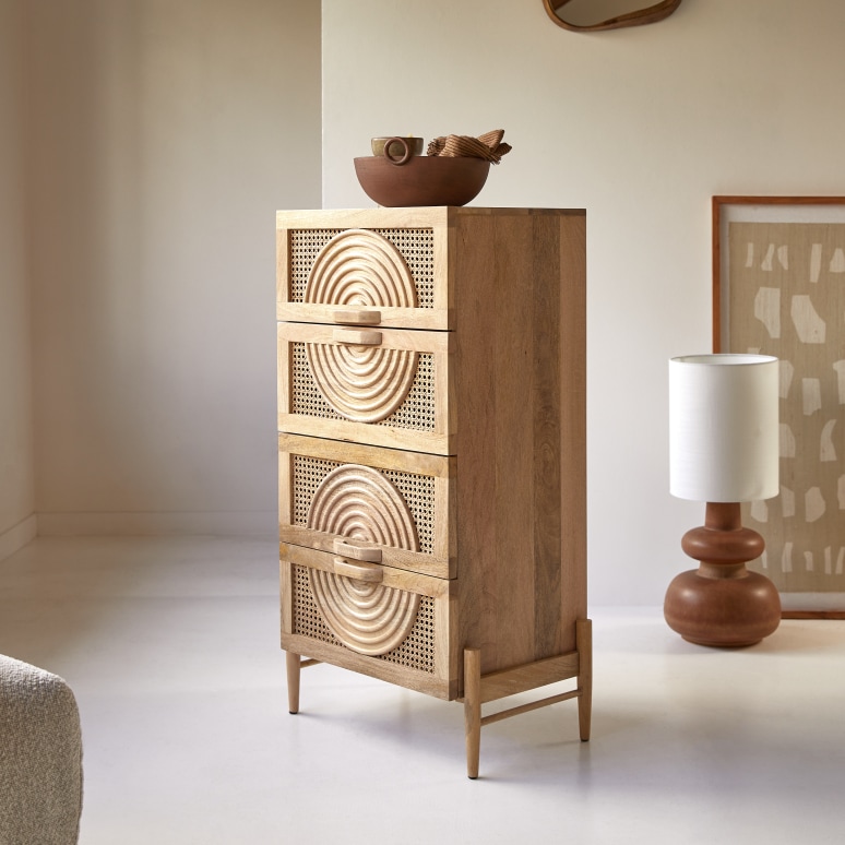 Sina - Cómoda de entrada de madera de mango maciza y ratán