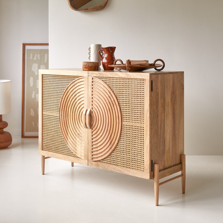 Sina - Sideboard aus massivem Mangoholz und Rattan 115 cm