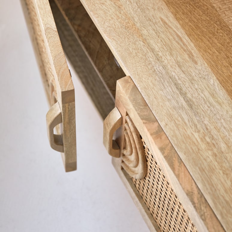 Sina - TV unit in solid mango wood and rattan 145 cm