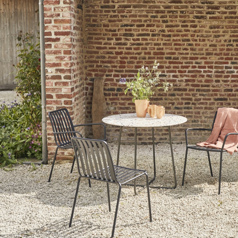 Elio - Ronde tuintafel van bruin premium terrazzo en metaal voor 4 personen