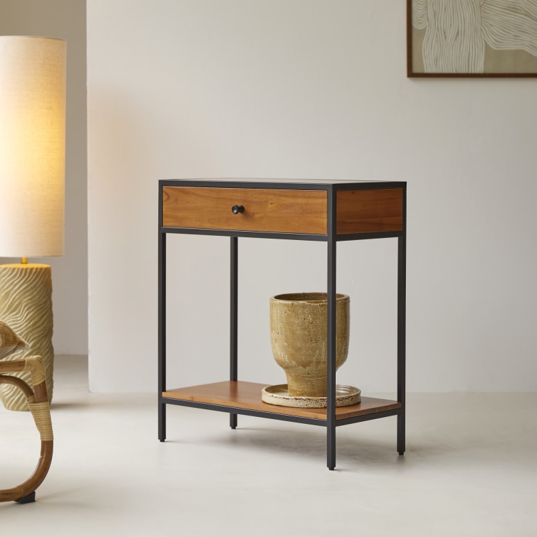 Agra - Console 1 tiroir en acacia massif et métal