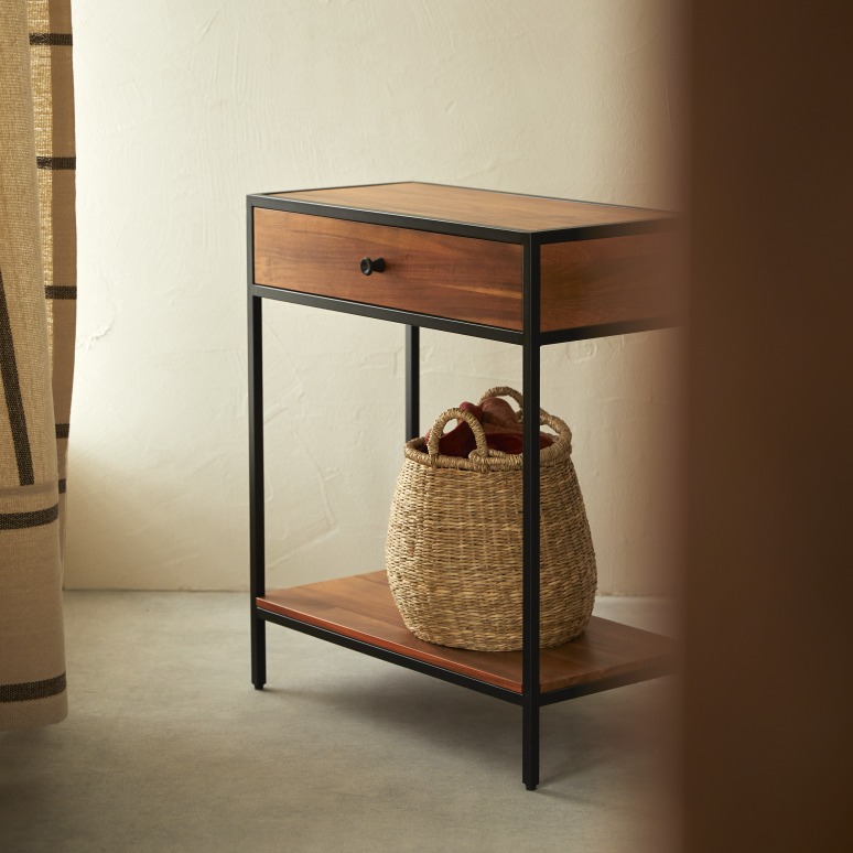 Agra - Consola de entrada con 1 cajón de acacia maciza y metal P. 30 cm
