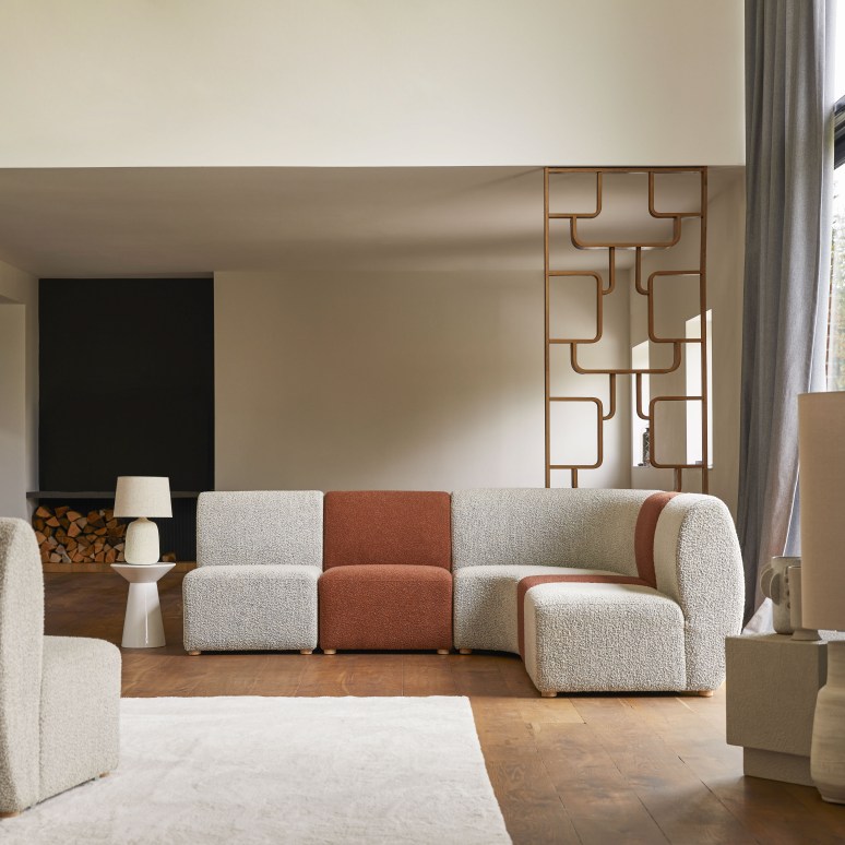 Swann - Poltrona angolare modulare in legno di acacia massello e tessuto grigio