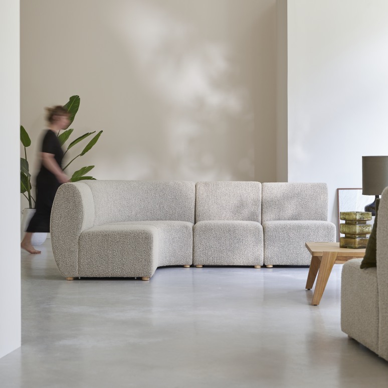 Swann - Divano modulare angolare in legno di acacia massello e tessuto grigio, 4 posti