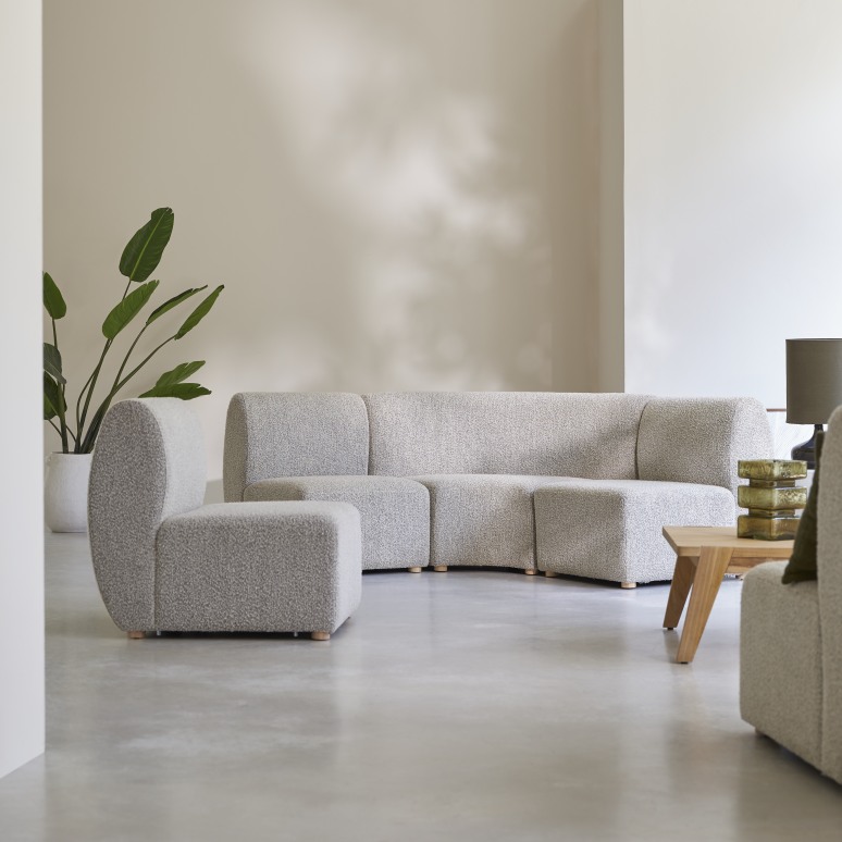 Swann - 4-sitziges modulares Ecksofa aus massivem Akazienholz mit grauem Stoffbezug