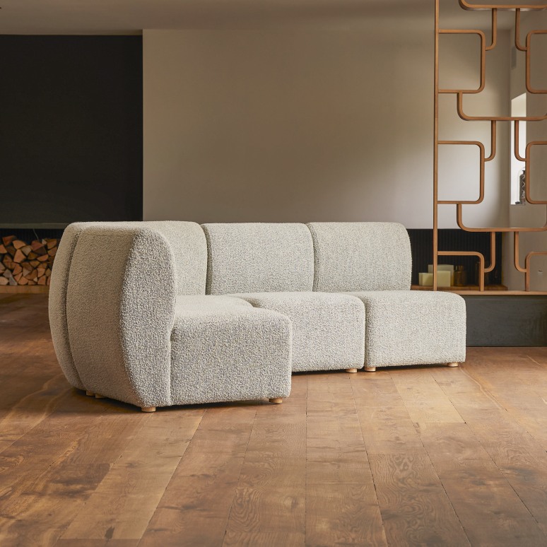 Swann - Sofá modular esquinero de 4 plazas de acacia maciza y tela gris