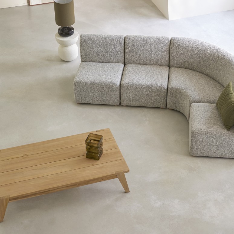 Swann - 4-sitziges modulares Ecksofa aus massivem Akazienholz mit grauem Stoffbezug