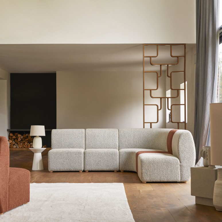 Swann - Divano modulare in legno di acacia massello e tessuto grigio, 3 posti