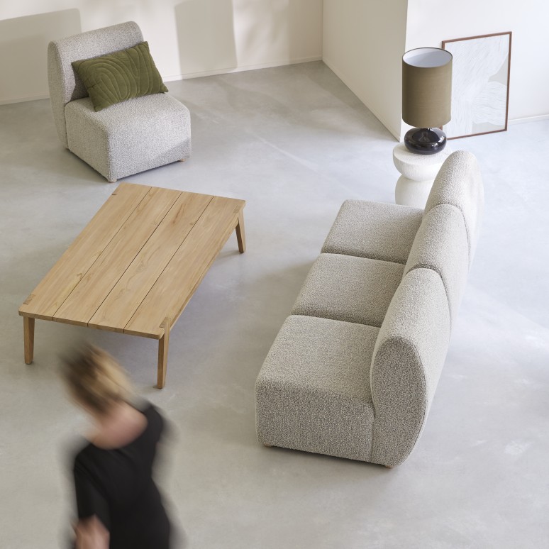 Swann - Divano modulare in legno di acacia massello e tessuto grigio, 3 posti