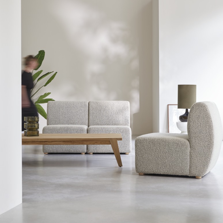 Swann - Banquette modulable en acacia massif et tissu gris, 3 places