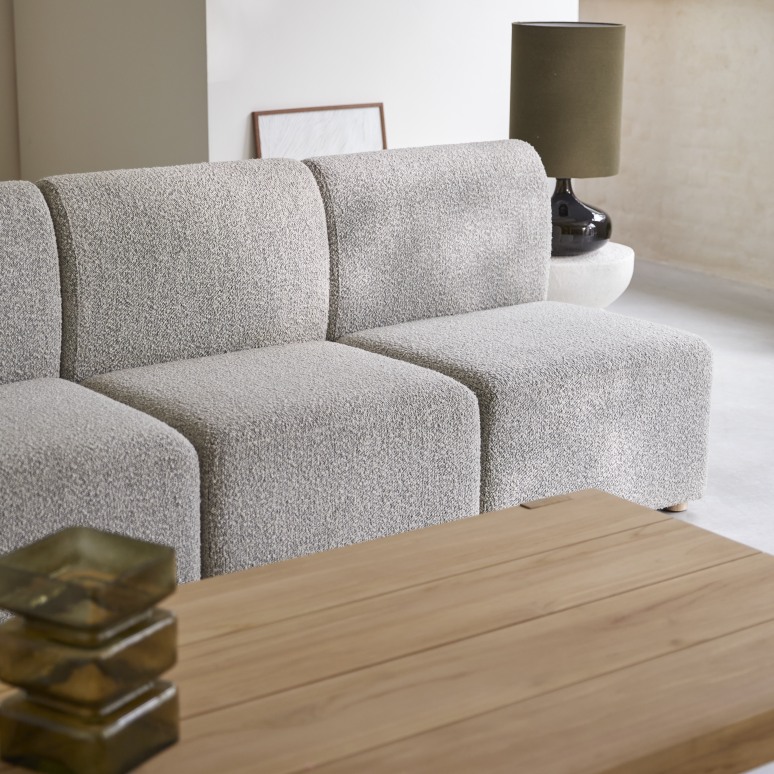 Swann - Modulare 3-Sitzer-Bank aus massivem Akazienholz mit grauem Stoffbezug