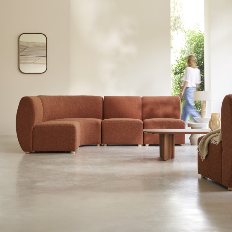 Swann - Modulaire 4-zitshoekbank van massief acacia en terracotta stof