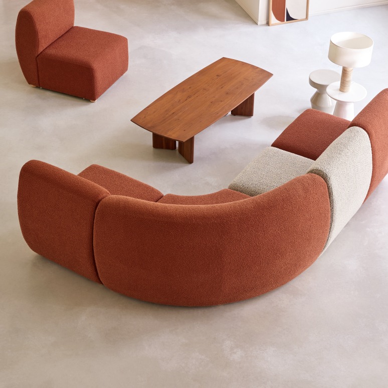 Swann - Divano angolare modulare in legno di acacia massello e tessuto terracotta, 4 posti