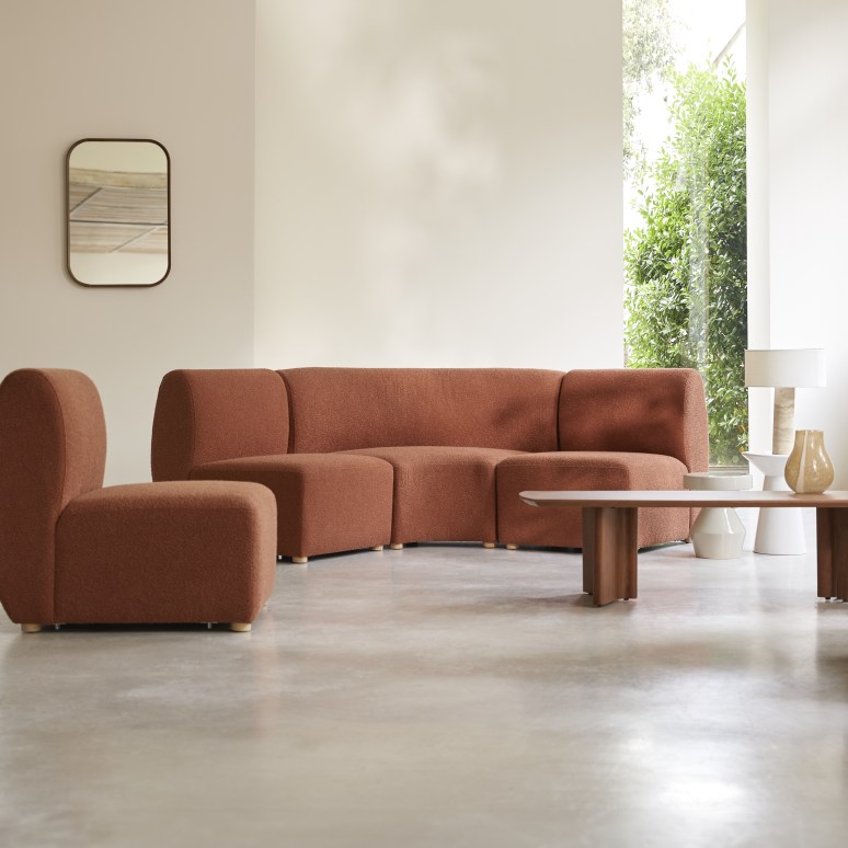 Swann - Modulaire 4-zitshoekbank van massief acacia en terracotta stof