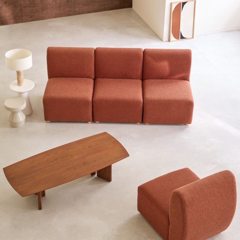 Swann - Banquette modulable en acacia massif et tissu terracotta, 3 places