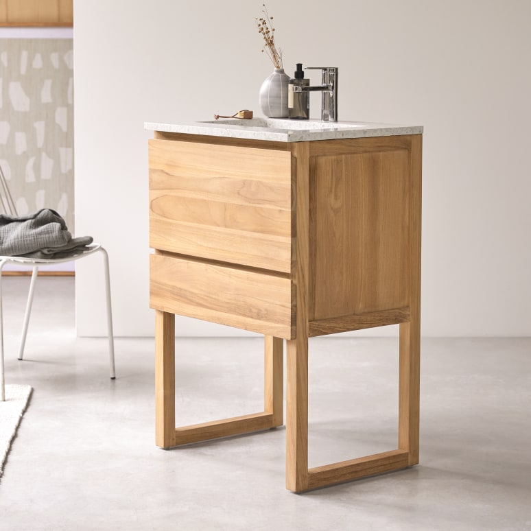 Edgar - Meuble salle de bain en teck massif et terrazzo moon 60 cm