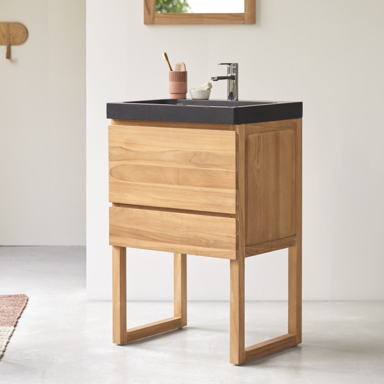 Edgar - Solid teak and lava stone vanity unit 60 cm