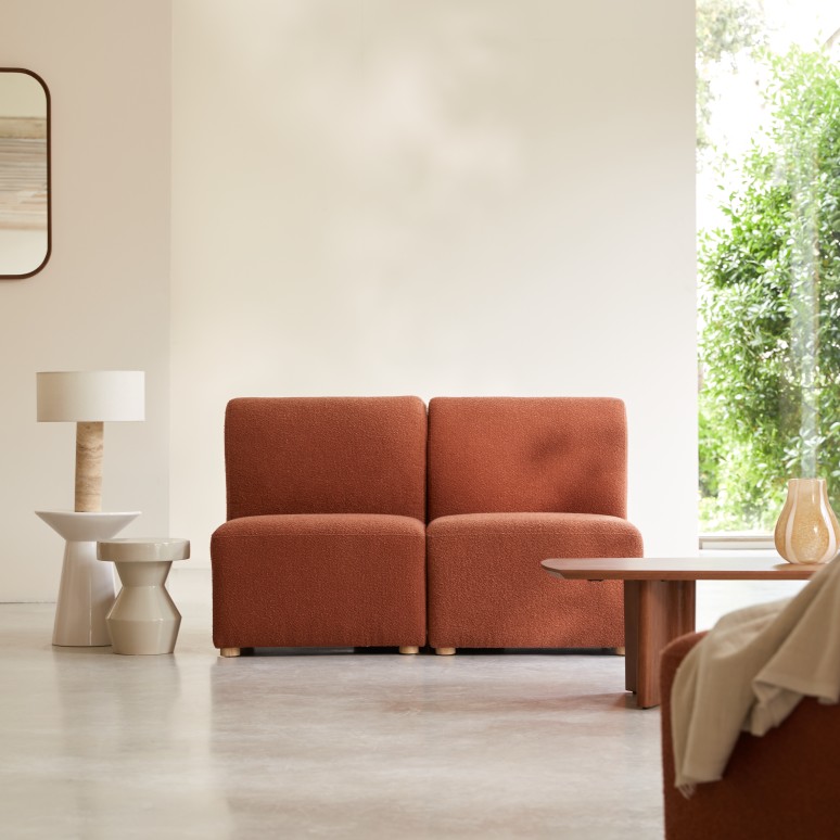 Swann - Banquette modulable en acacia massif et tissu terracotta, 2 places