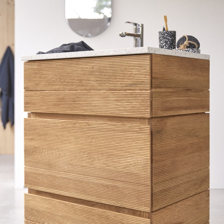 Karl - Mobile per il bagno in legno di acacia massello e battuto di terrazzo premium Moon da 60 cm