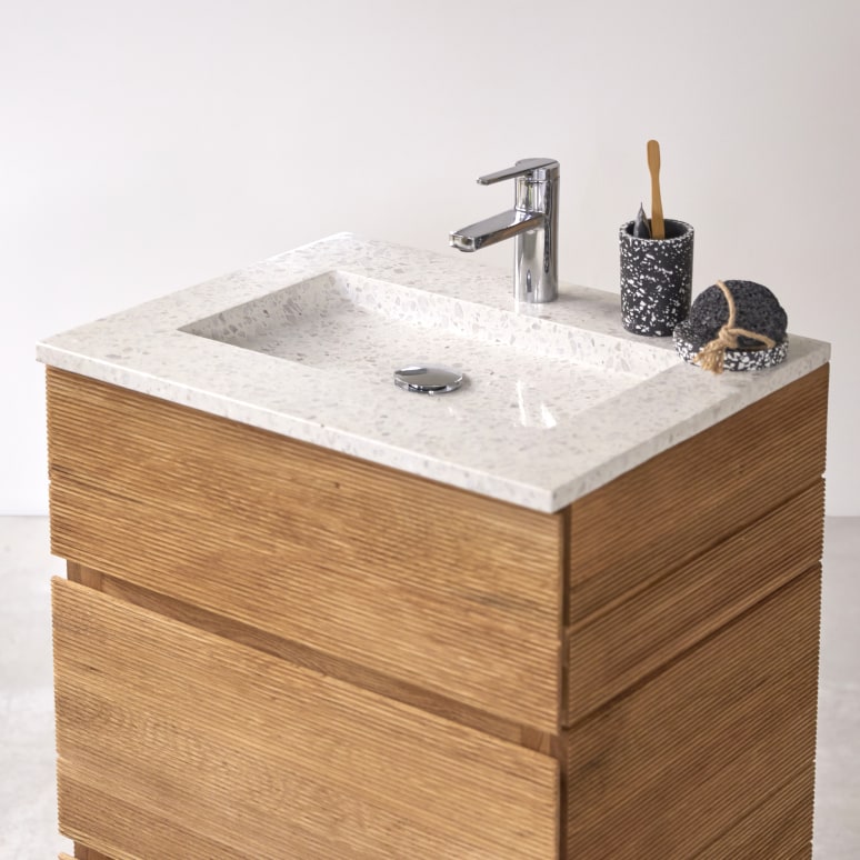 Karl - Mobile per il bagno in legno di acacia massello e battuto di terrazzo premium Moon da 60 cm