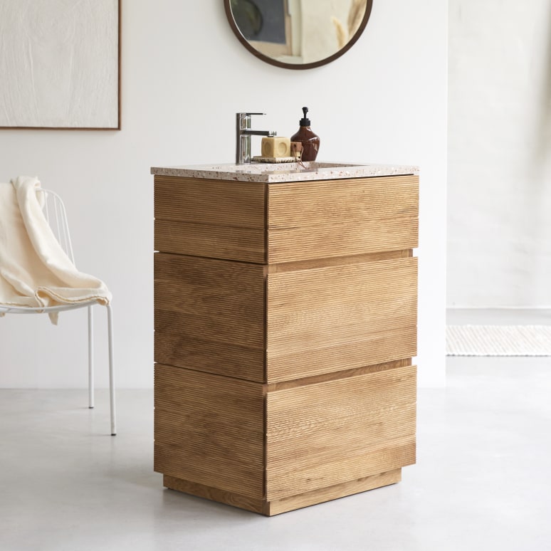 Karl - Mobile per il bagno in legno di acacia massello e battuto di terrazzo premium pink da 60 cm