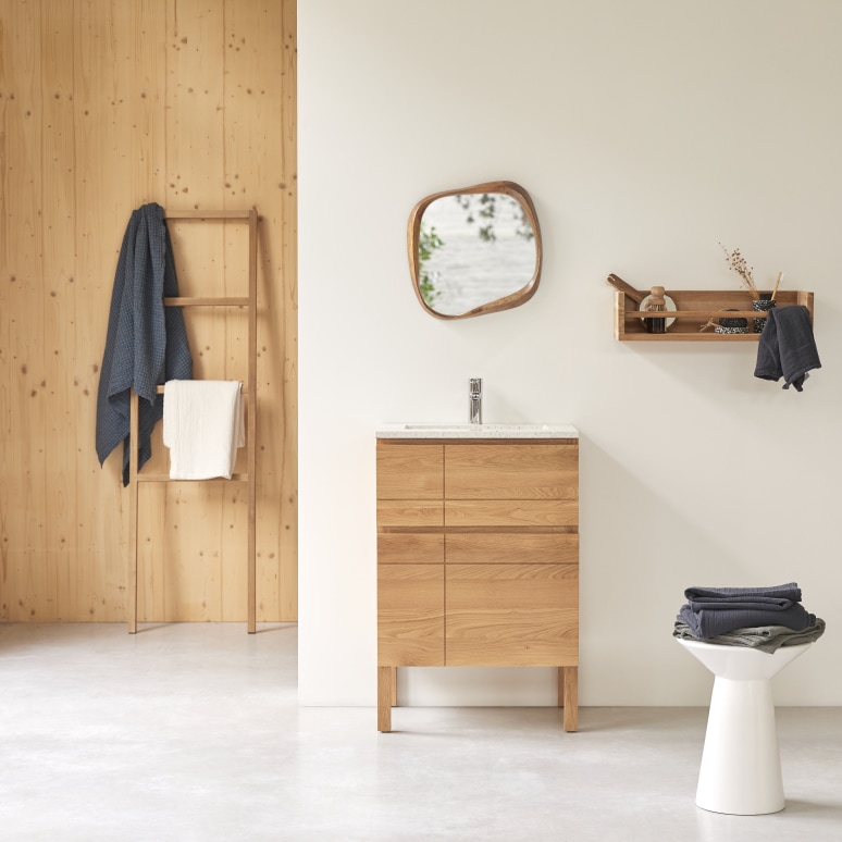 Easy - Solid oak bathroom vanity unit with premium moon terrazzo, 60 cm