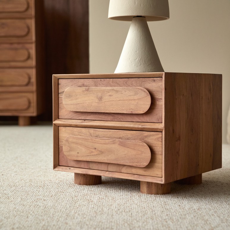 Olga - Two-drawer solid acacia bedside cabinet