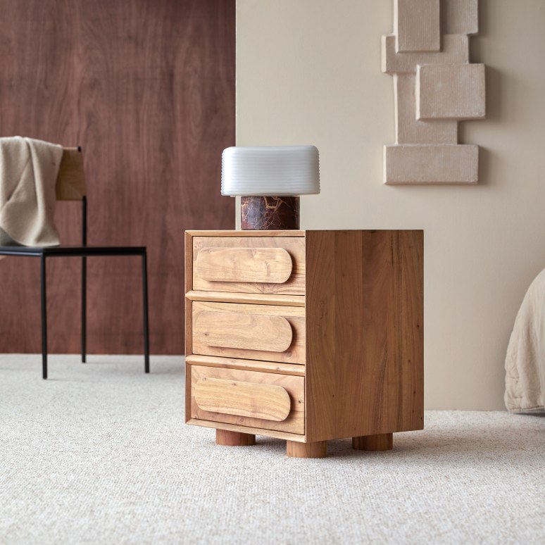 Olga - Comodino in legno di acacia massello a 3 cassetti