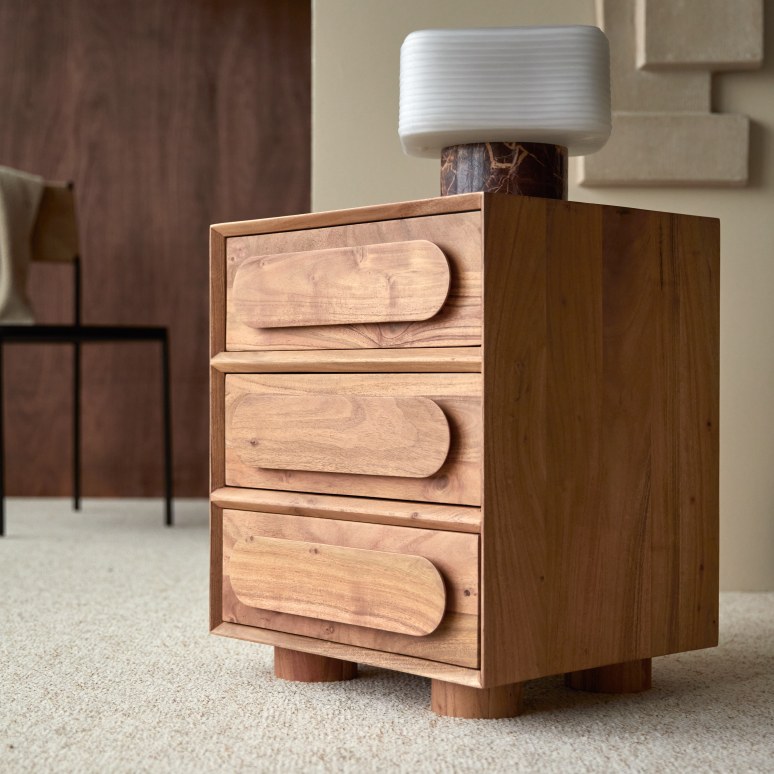 Olga - Three-drawer solid acacia bedside cabinet