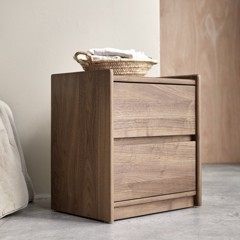 Arto - Comodino in legno di noce massello, 2 cassetti