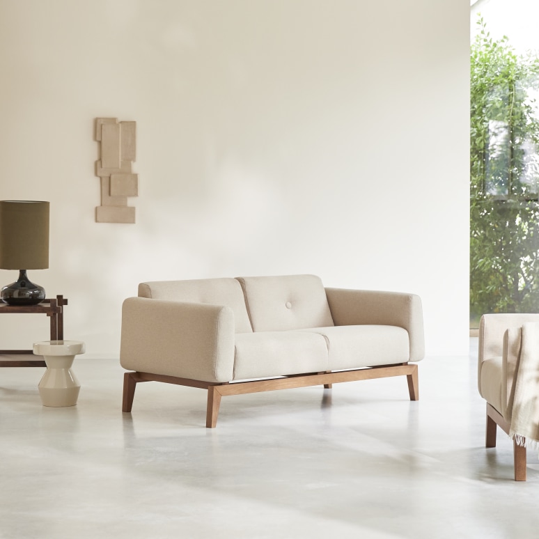 Bjorn - 2-Sitzer-Sofa mit massivem Eichenholzgestell und ecrufarbenem Stoffbezug