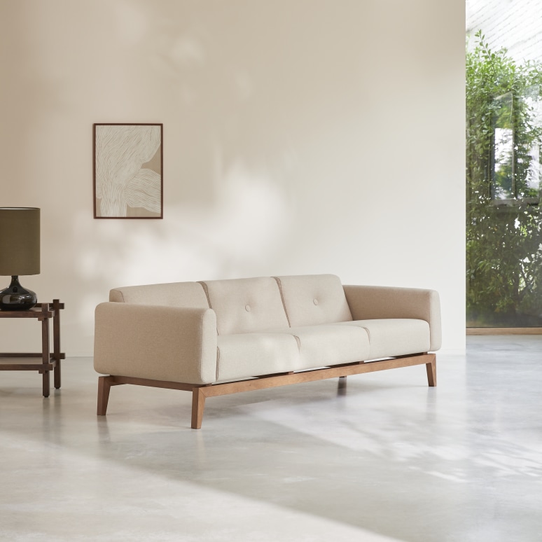 Bjorn - 3-Sitzer-Sofa mit massivem Eichenholzgestell und ecrufarbenem Stoffbezug