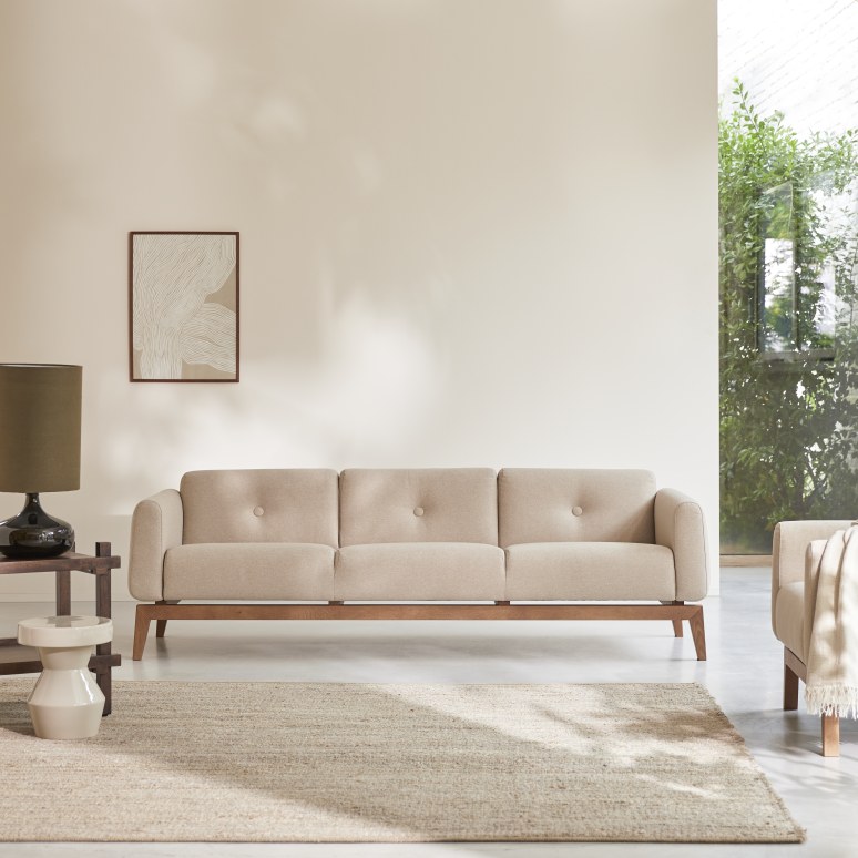 Bjorn - Solid oak and beige fabric 3-seater sofa