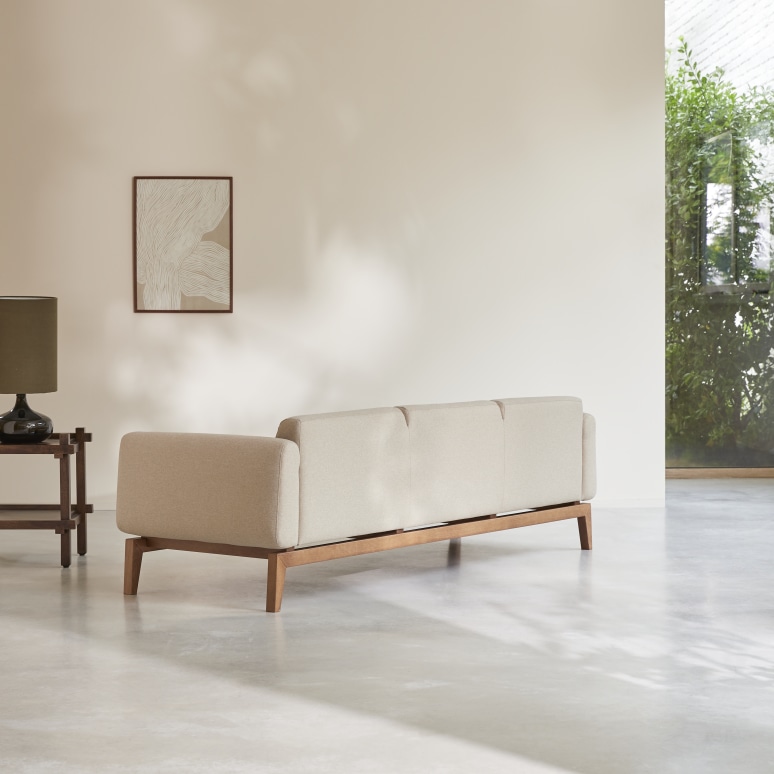Bjorn - Solid oak and beige fabric 3-seater sofa