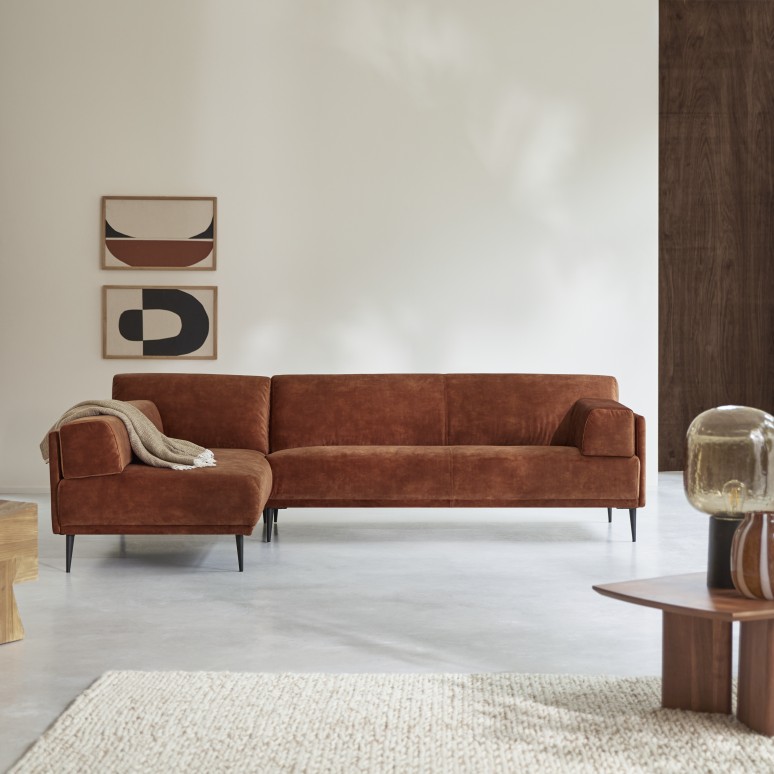 Finn - Divano con angolo a sinistra in velluto terracotta 270 x 180 cm, 4 posti
