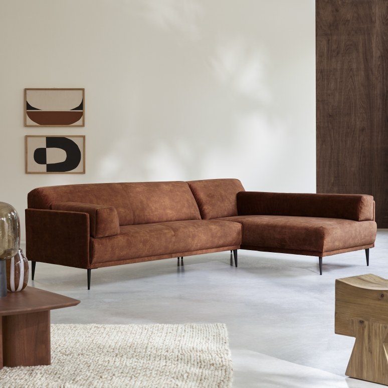 Finn - Ecksofa rechts aus terracottafarbenem Samt 270 x 180 cm, 4-Sitzer