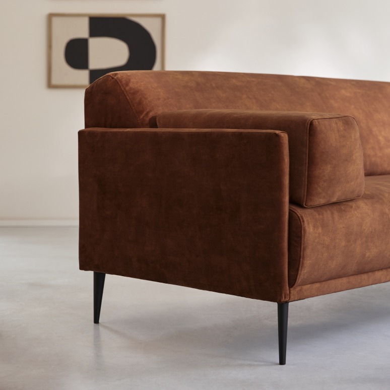 Finn - Ecksofa rechts aus terracottafarbenem Samt 270 x 180 cm, 4-Sitzer