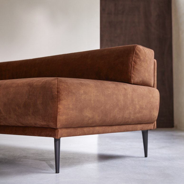 Finn - Sofá esquinero derecho de terciopelo terracota 270 cm x 180 cm de 4 plazas