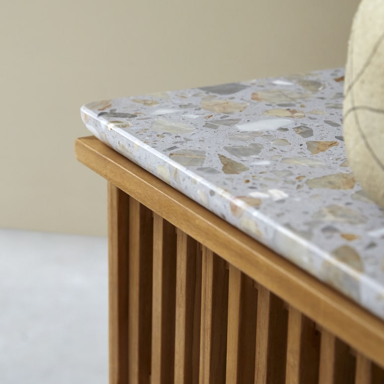 Isaure - Meuble TV en teck massif et terrazzo premium 175 cm