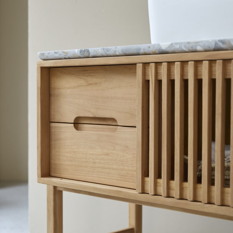 Isaure - Meuble salle de bain en teck massif et terrazzo premium 125 cm