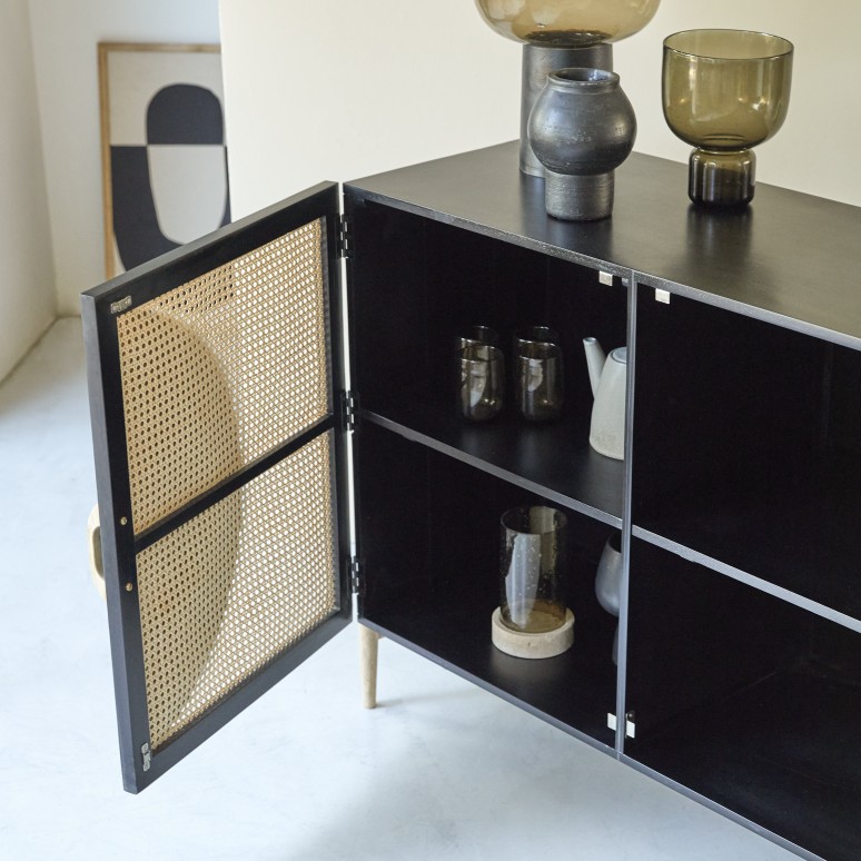 Sina - Sideboard in black solid mango wood and rattan – 115 cm