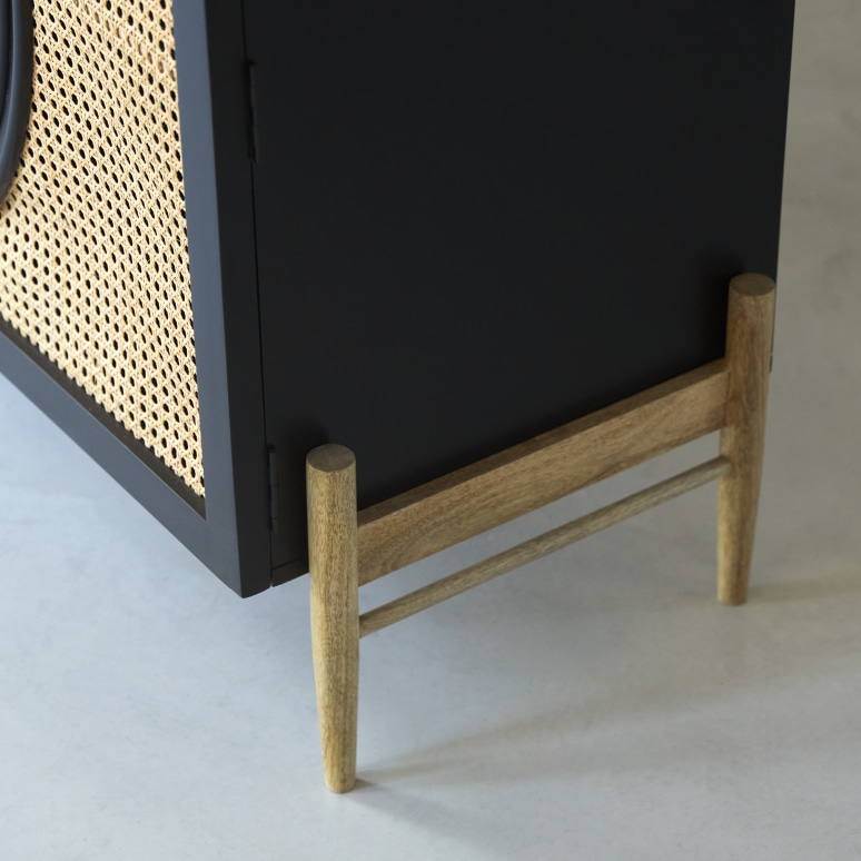 Sina - Buffet en manguier massif noir et rotin 115 cm