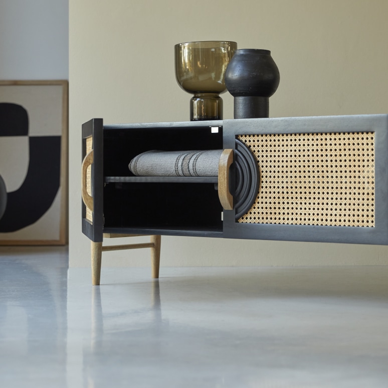 Sina - Mobile TV in legno di mango massello nero e rattan 145 cm