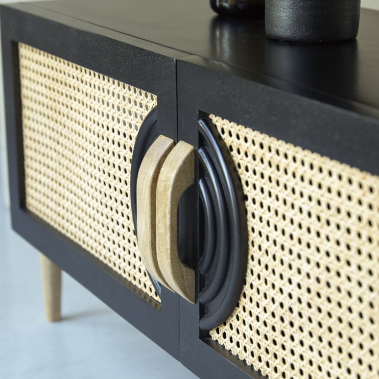 Sina - TV unit in black solid mango wood and rattan – 145 cm