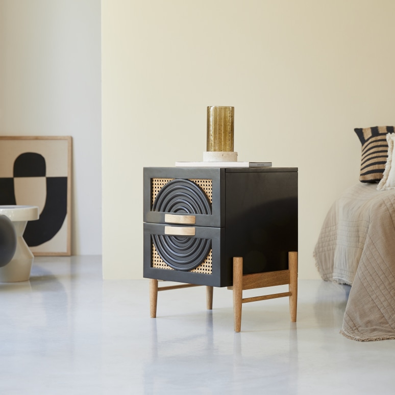 Sina - Black solid mango wood and rattan bedside table