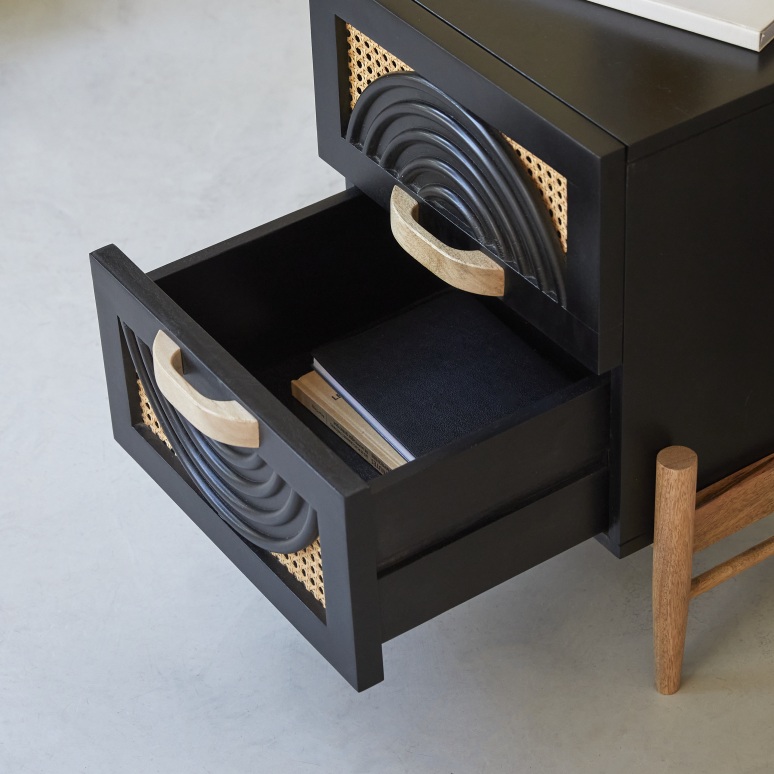 Sina - Comodino in legno di mango massello nero e rattan