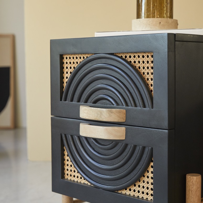 Sina - Black solid mango wood and rattan bedside table