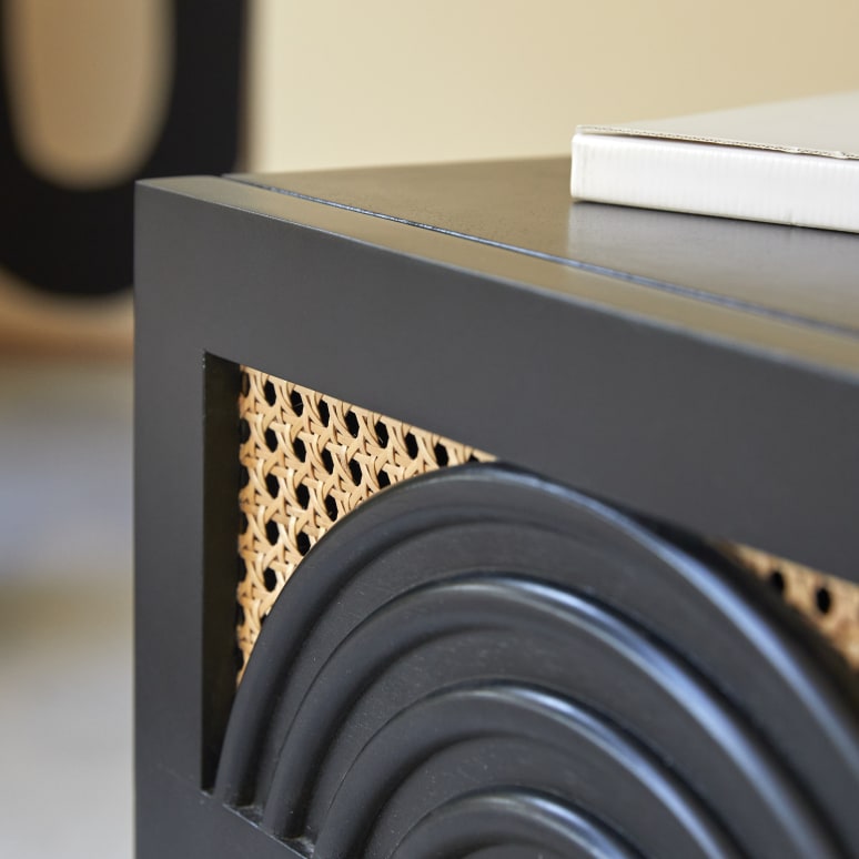 Sina - Black solid mango wood and rattan bedside table