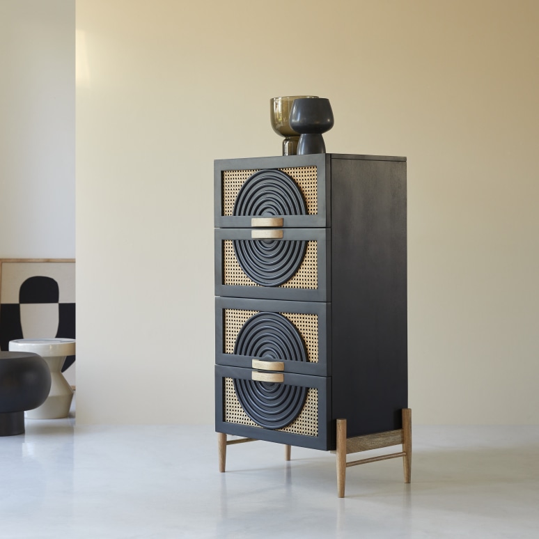 Sina - Cómoda de mango macizo negro y ratán