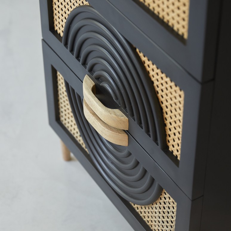 Sina - Chest of drawers in black solid mango wood and rattan
